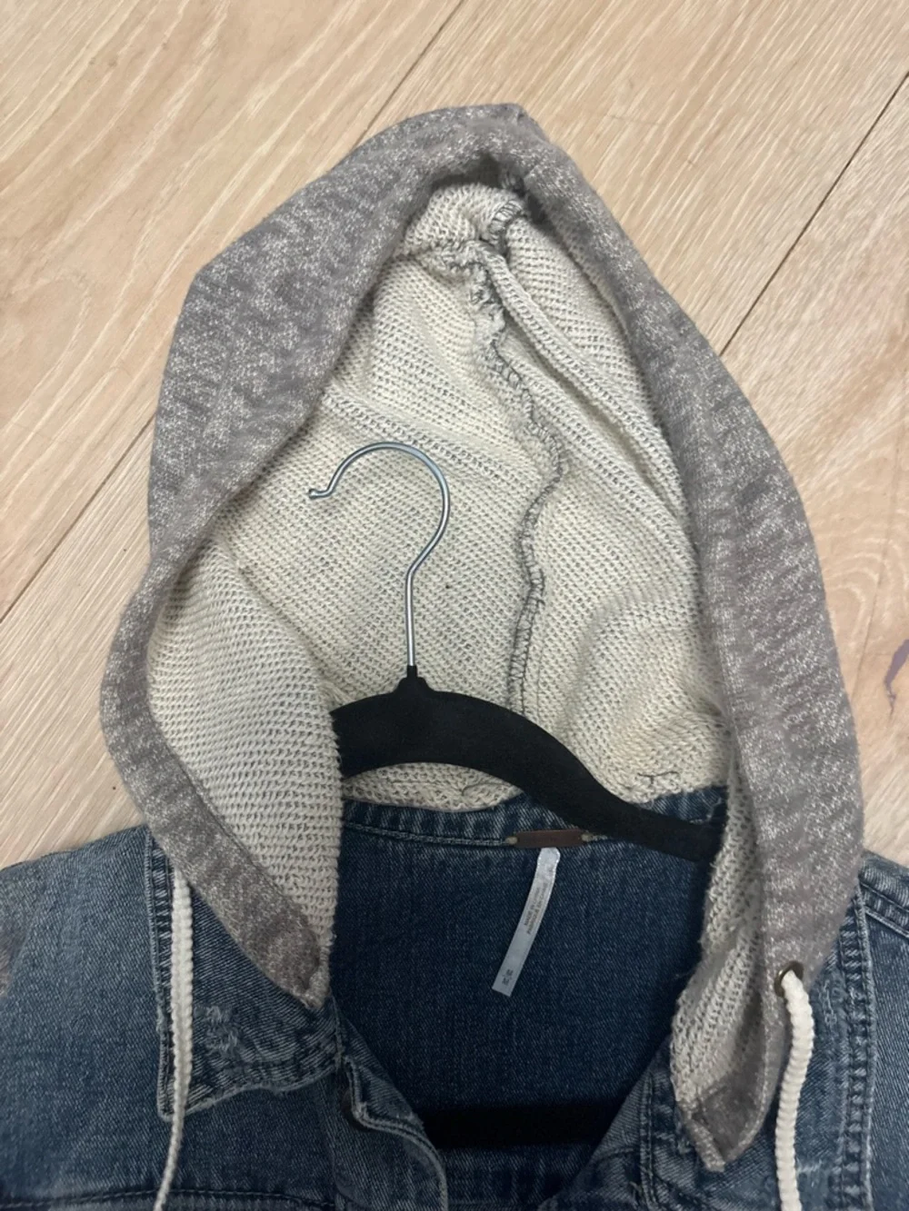 Free People Blue Denim Jacket with Gray Hoodie Sleeves - Picture 8 of 8